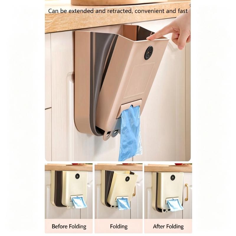 Wall-Hanging Folding Trash Container with Plastic Body for Kitchen Cleanup, Laundry Rooms, Dorms, and Office Use