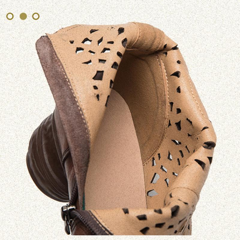 Johnature Retro Prodyšné Holínky Letní Sandály Móda z pravé kůže Dámská obuv na vysokém podpatku