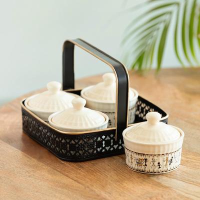 Dining Table Ceramic Container With Iron Holder (Non Air-Tight,Set Of 4,160 Ml, White)|Jars for Kitchen Storage Pickle Jar for Storage