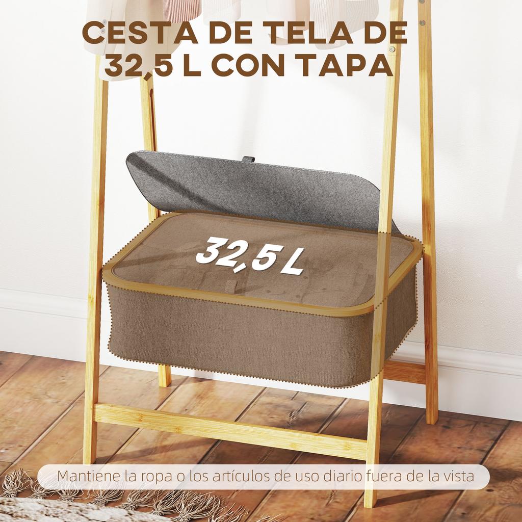 Folding Bamboo Clothes Rack with Fabric Basket with Lid for Hallway Entrance Bedroom 60x44.5x157.5 cm Grey