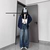 Women's Retro Blue Plus Size High-Waisted Wide-Leg Jeans for Spring and Autumn - Loose Fit, Pear Shape, Floor-Length