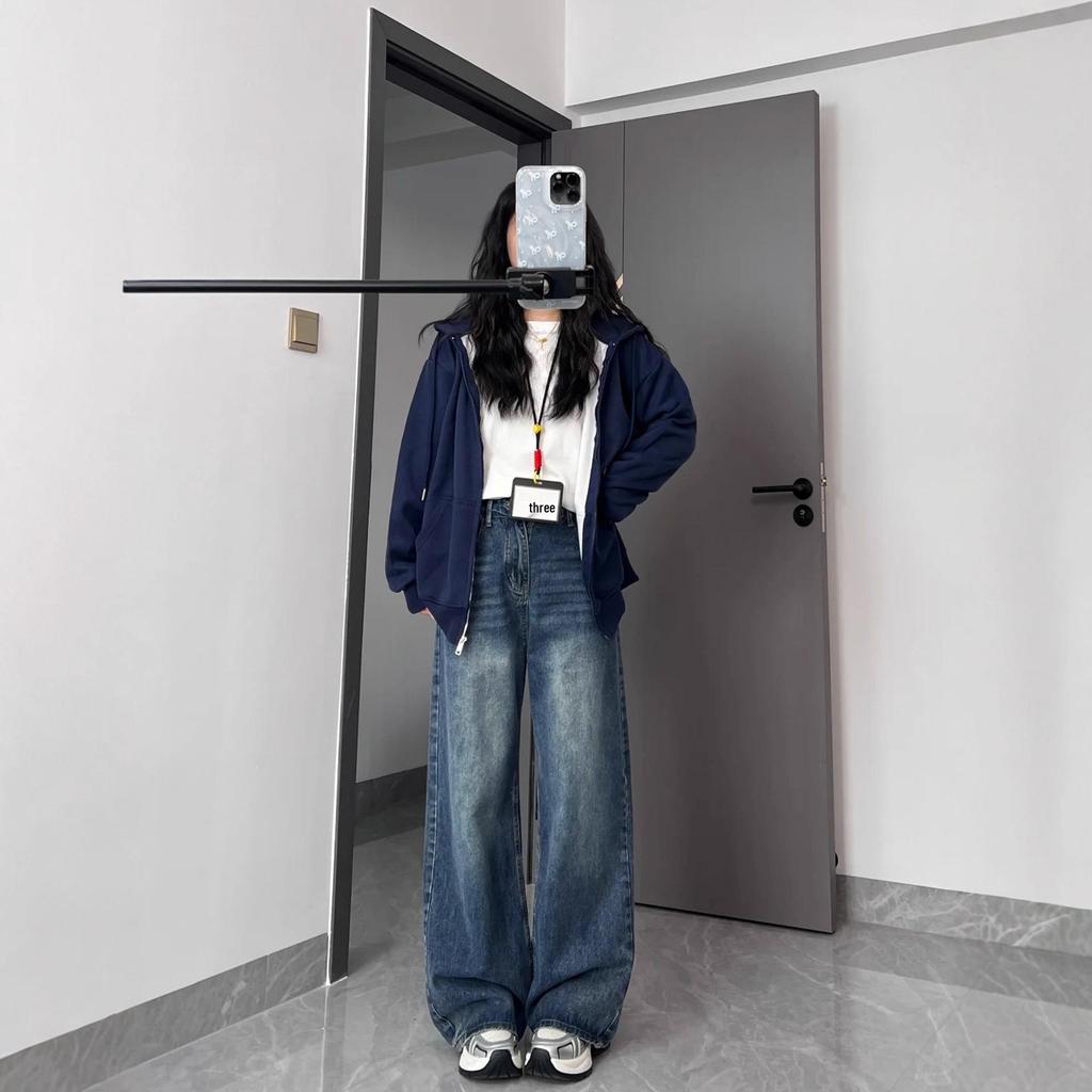 Women's Retro Blue Plus Size High-Waisted Wide-Leg Jeans for Spring and Autumn - Loose Fit, Pear Shape, Floor-Length