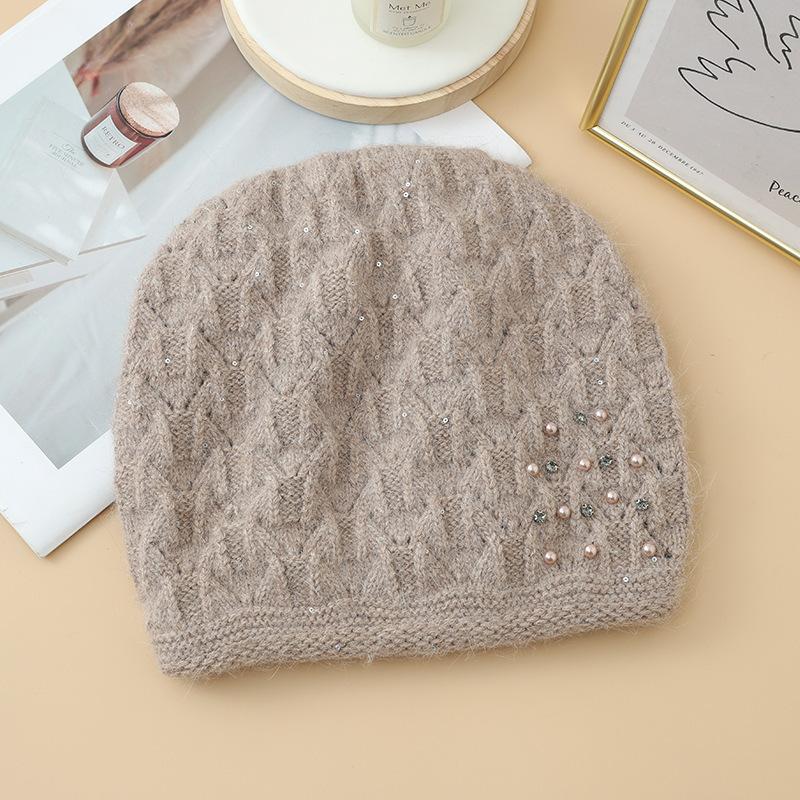 Autumn and Winter Women's Thermal Hat Middle-aged and Elderly Hat Solid Color Plush Pearl Wool Hat Fashionable Windproof Hat