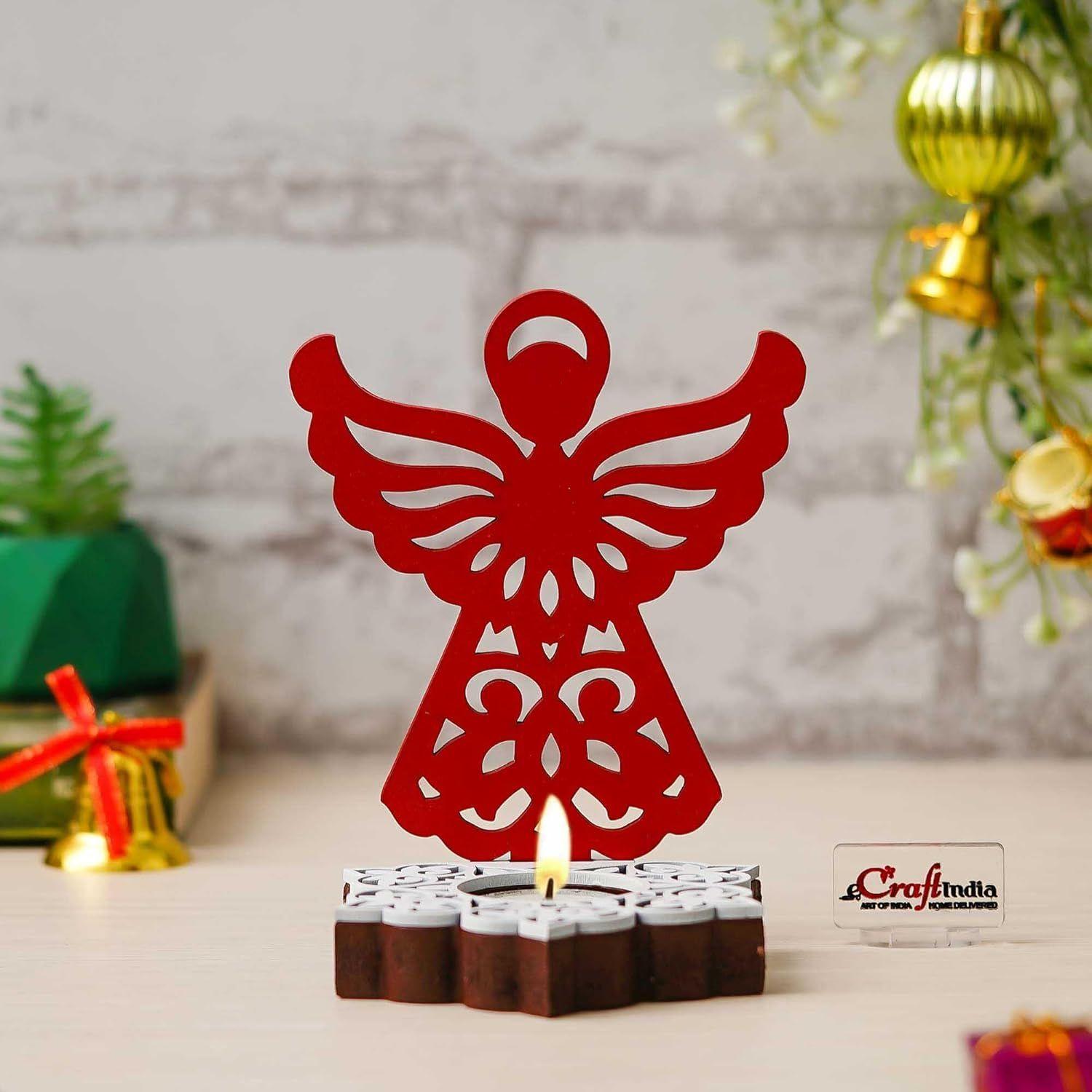 

Fairy Showpiece Decorative Tea Light Candle Holders (Wooden Red)| Diwali Christmas Decoration Items for Home Decor Living Room Office