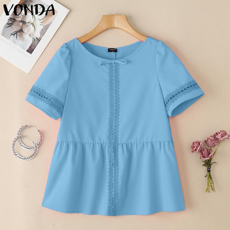 VONDA Women Short Sleeve Blouse Casual Lace Crochet Hem Hollow Tops