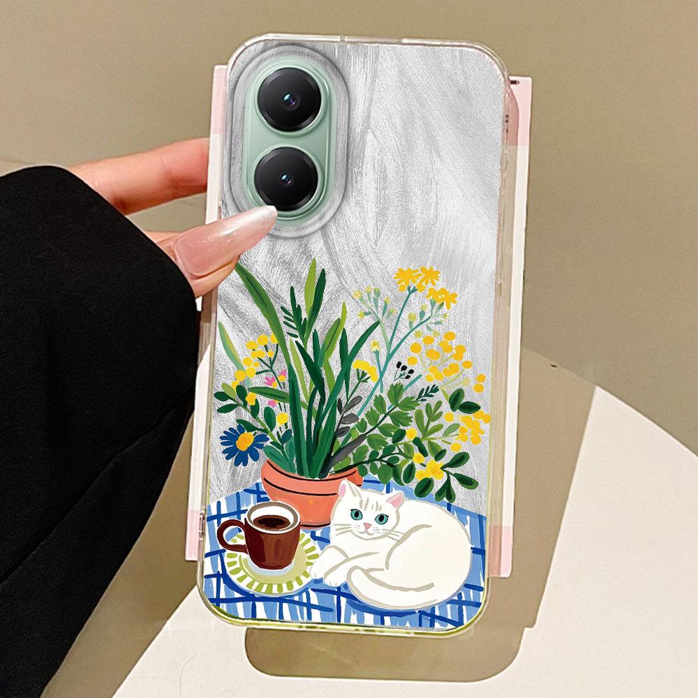 

Белый фарфоровый чехол для телефона с текстурой кошки, цветка и пера для Xiaomi Poco X5 X7 M6 Pro X6 X3 Pro NFC C75 C71 C65 C61 M5S, ТПУ-чехол poco X7 Pro белый