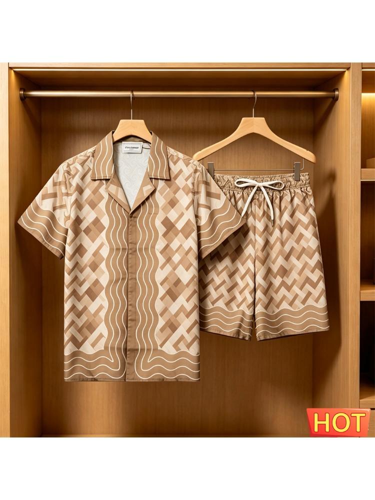 Men's Summer Set: Stylish 3D Striped Print Short Sleeve Shirt and Shorts