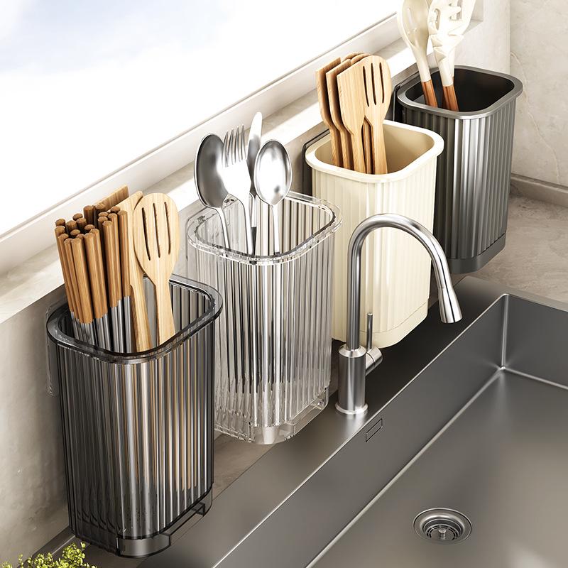 Wall-Mounted Chopstick Holder & Storage Basket Translucent Grey - 1 Piece - Acrylic Holder