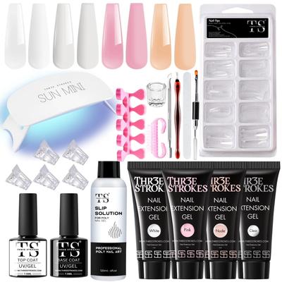 Thr3E Strokes Poly Nail Extension Gel Kit With Uv Led Lamp, Slip Solution, Nail Gel Brush, Dual-Form Nail Tips & Manicure Tools - Professional Nail A