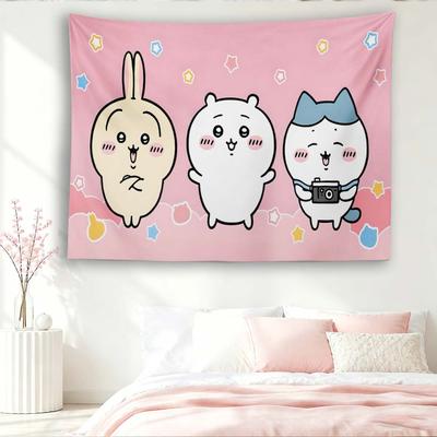 Chiikawa Niedliche Drei Charaktere Wandteppich, Rosa Stern Kawaii Hase Bär Katze Anime Wandbehang für Mädchen Schlafzimmer Wohnheim Dekor