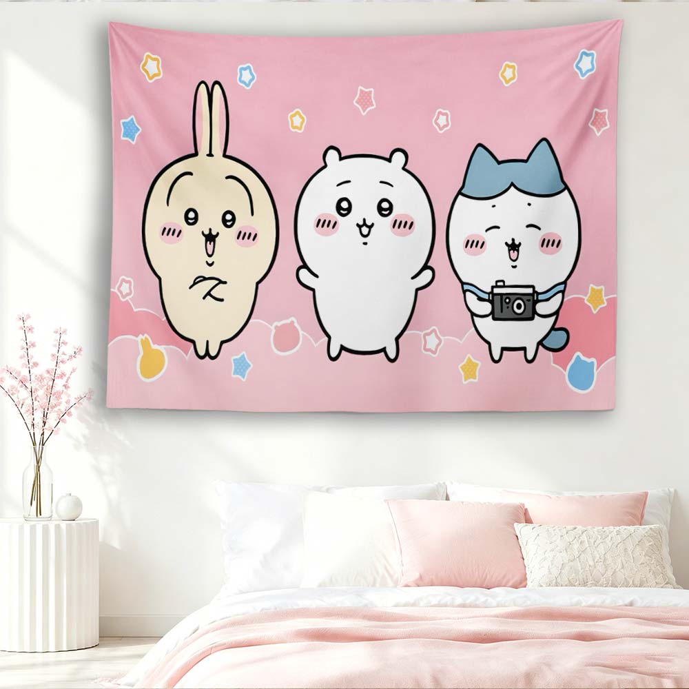 Chiikawa Cute Three Characters Tapestry, Pink Star Kawaii Rabbit Bear Cat Anime Wall Hanging for Girls Bedroom Dorm Decor