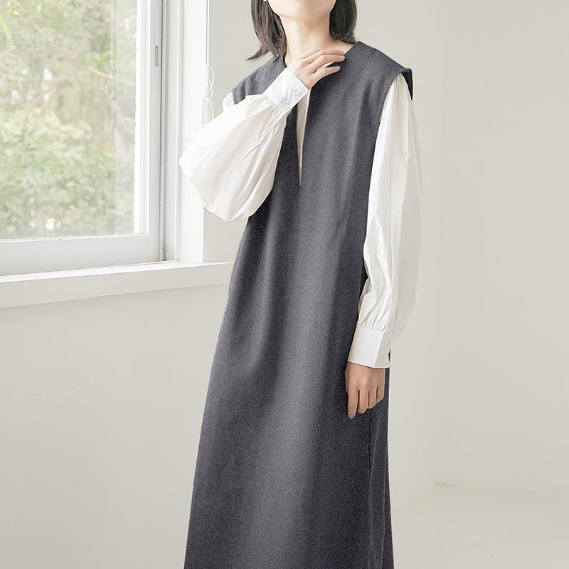 Autumn and Winter Woolen Coat for Women V-neck Solid Color Sleeveless Vest Dress Exterior Style