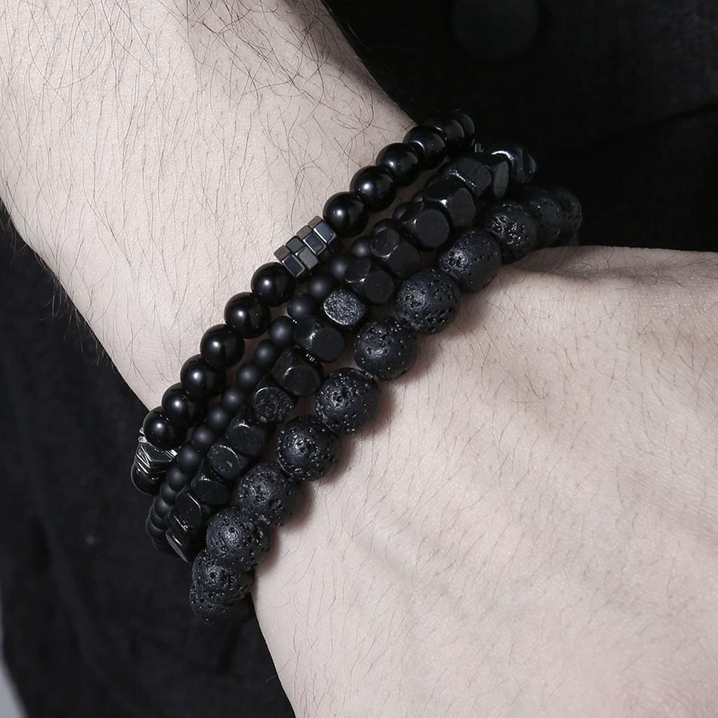 4Pcs Set Black Gall Stone Volcanic Stone Wood Beads Bracelets Men's Combination Elastic Bracelet For Couple Friends Jewelry