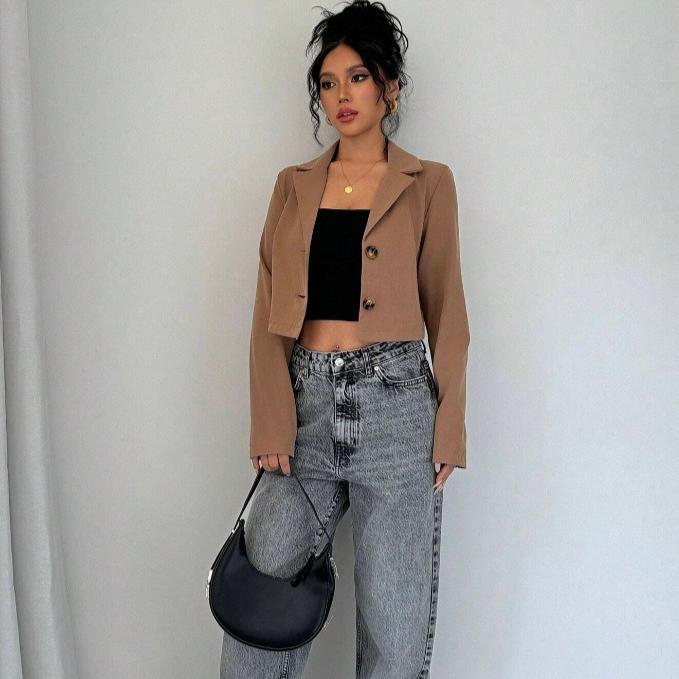 Spring Autumn Blazers Fashion Short Jacket for Women, Harajuku Solid Versatile Loose Thin Coats, Single Breasted Short Suit Top Female