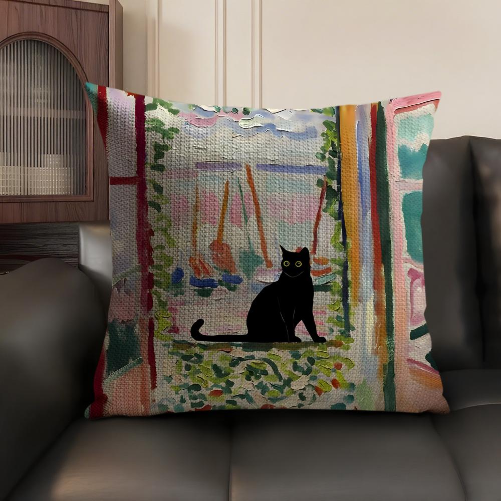 Black Cat Oil Painting Cushion Cover Summer Breathable Linen Organic Fabric Double-Sided Printing Sofa Pillow Case Home Decor