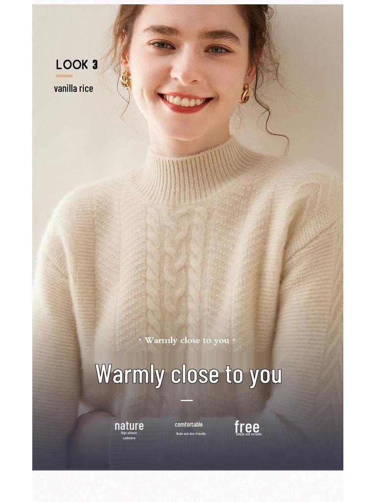 Women's Cashmere Semi-High Neck Long Sleeve Pullover - Solid Color, Casual, Loose, Thickened for Autumn/Winter.