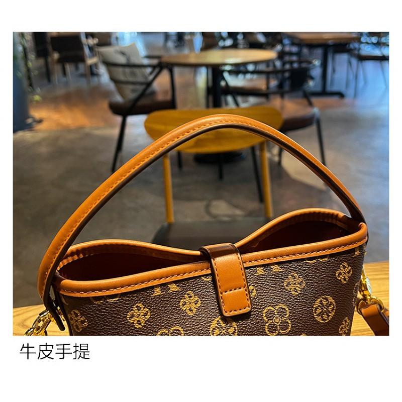 Womens Large Capacity Bucket Bag PU Leather Shoulder Crossbody Handbag Coffee Color Casual Style