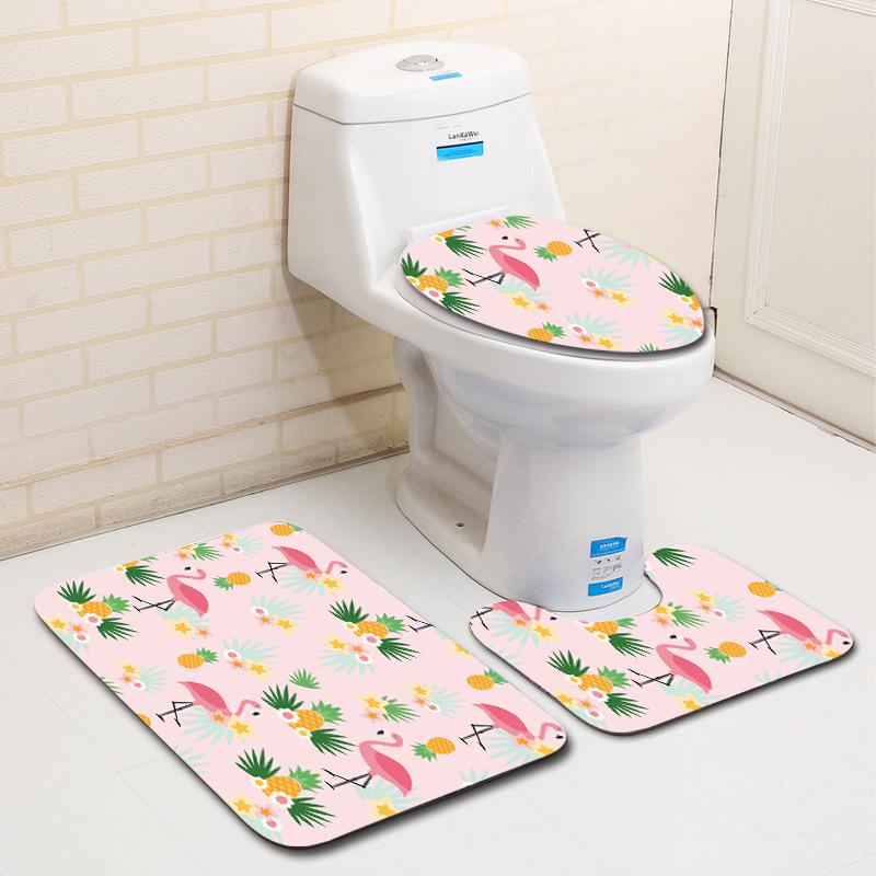 European And American Style Pink Cute Animal Flamingo Floor Mat Carpet Girl Heart Hand-Painted Illustration Toilet Three-Piece Set