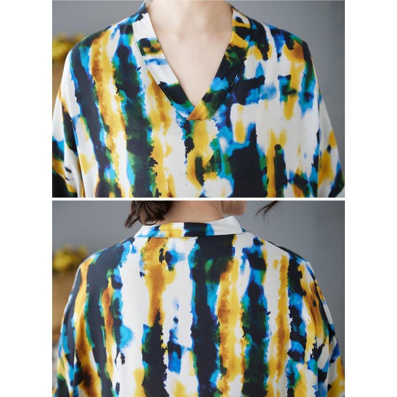 DIMANAF Plus Size New 2025 Women Summer Printing Dress Basic V-Neck Beach Casual Long Fashion Loose Dress