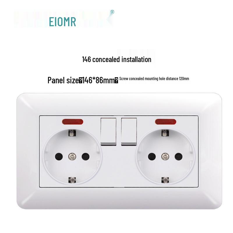 Curved White European Standard Socket Panel with Double USB & Type C, German Switch, Concealed Installation