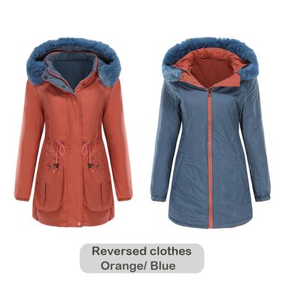 Autumn and Winter Reversible Warm Cotton Coat with Detachable Hood Long Sleeve Zipper Thick Cotton Jacket Fur Collar Parka for Women