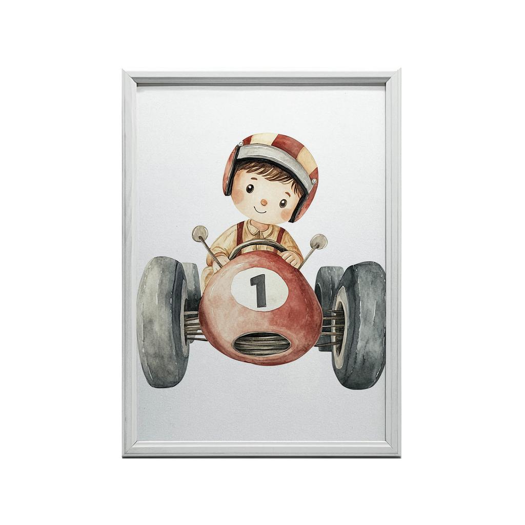 Boy In a Racing Car Poster Boy In a Racing Car Poster, 50X70 Cm, Frameless, Premium Canvas On Stretcher