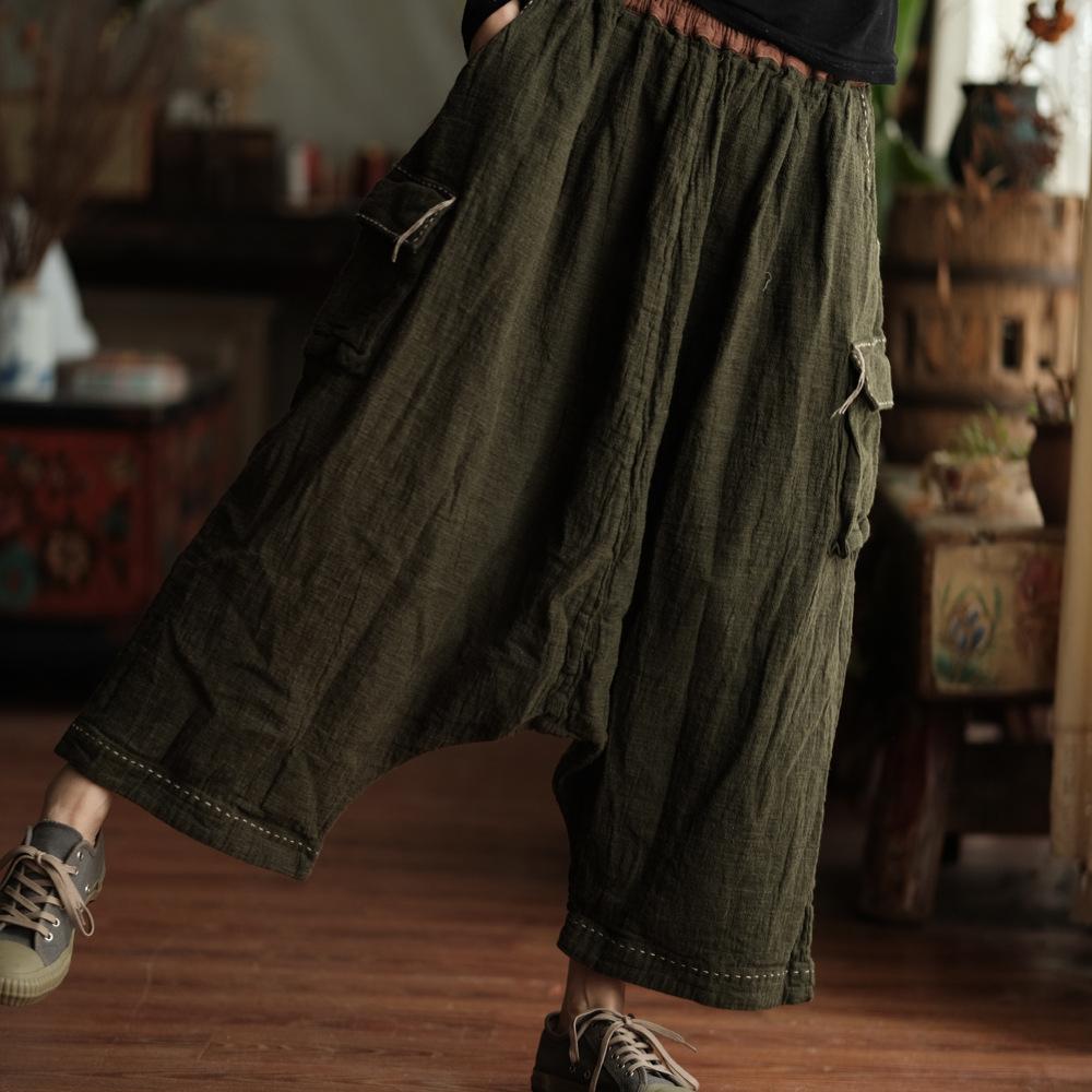 Johnature Women Vintage Pants Spring Chinese Style Pockets Solid Color Loose Soft Elastic Waist Trousers