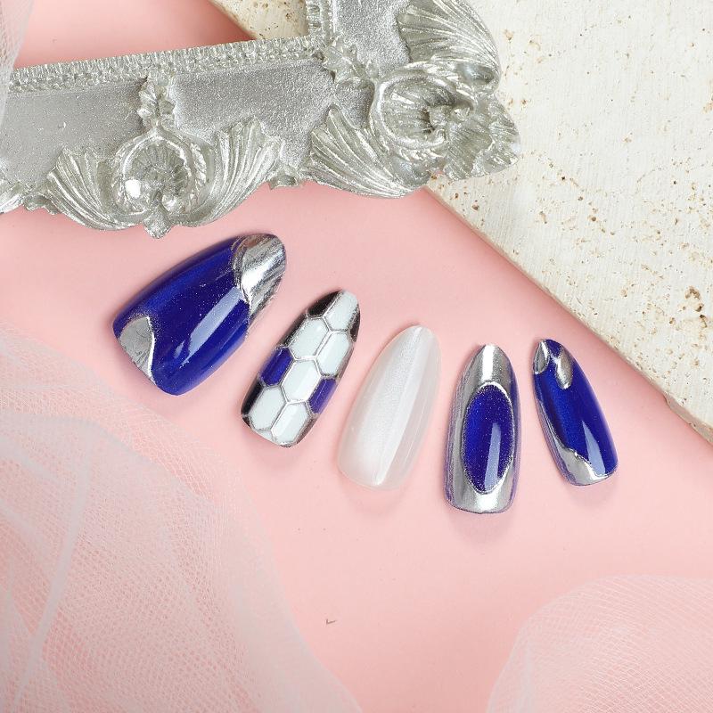 30-Piece Gold Foil 3D Cat Eye Almond French Medium-Length Press-On Nails - Bestseller Manicure Set.