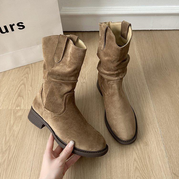 Comemore Damskie Botki na Grubym Obcasie Botki do Połowy Łydki Damskie Jesienne Buty Casualowe Jednolite Zamszowe Kowbojki Bota Feminina