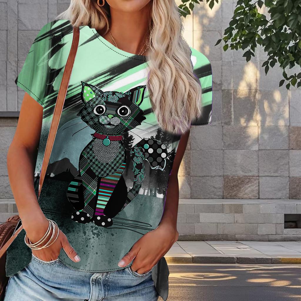 Damen Sommer T-Shirt Katzenprint Retro Mode Kurzarm T-Shirts Lässig Bedruckte Oberteile