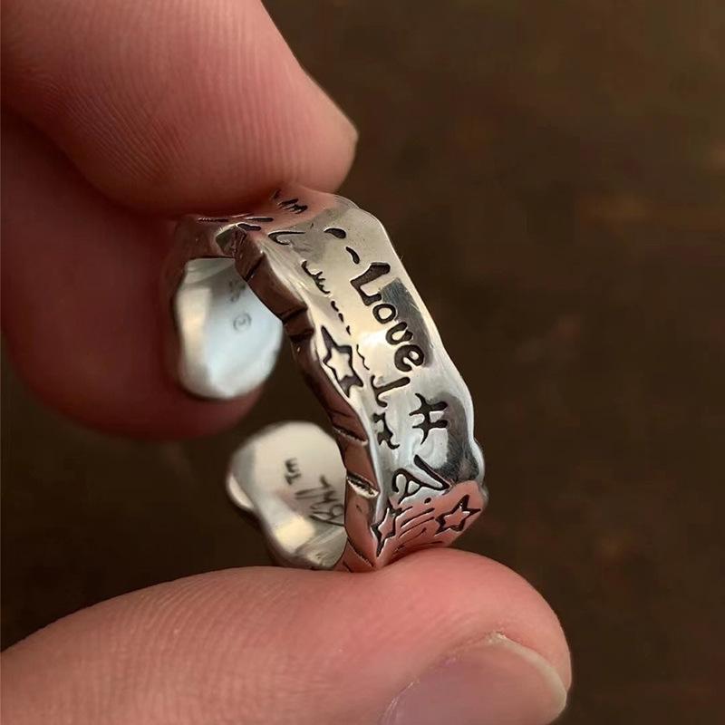 Retro Love Star Graffiti Ring Silver Color Punk Gothic Open Ring For Women Men Handmade Unisex Designer Accessories Gift