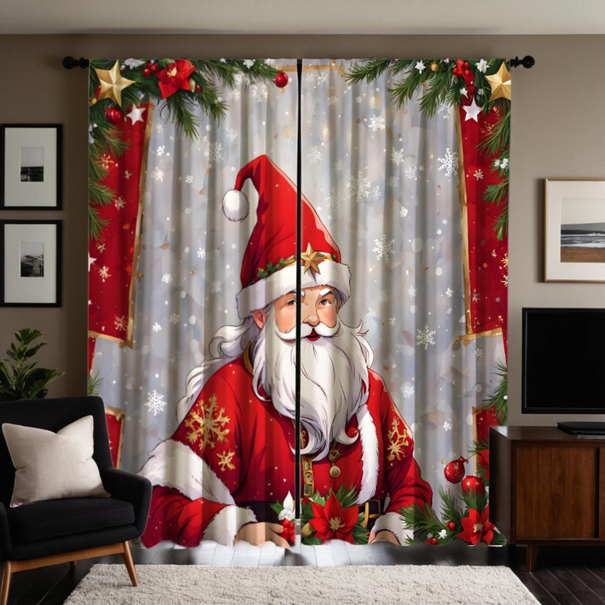 

2 шт. HD Рождественские шторы с изображением старика в красном, Красные завязки, шторы с цифровой печатью, Домашний стиль декора, Украсить гостиную быть W52H63inchW132H160cm