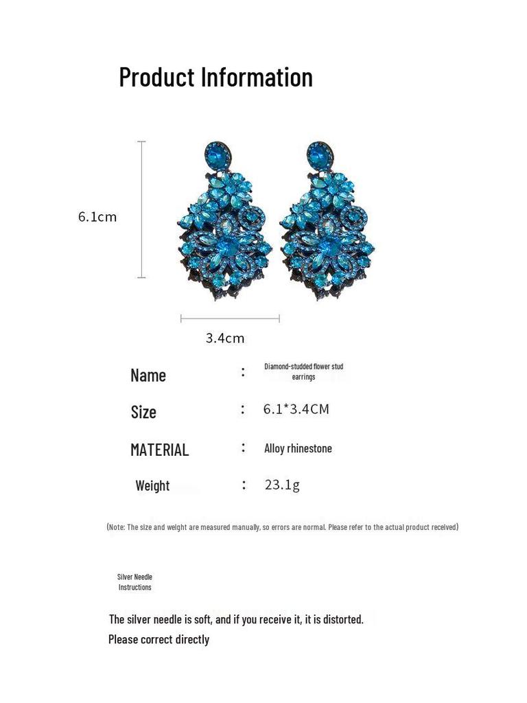 Silver Needle Blue Rhinestone Flower Vintage Dangle Earrings - Exaggerated Design, New Fashion, Luxurious Ear Jewelry.