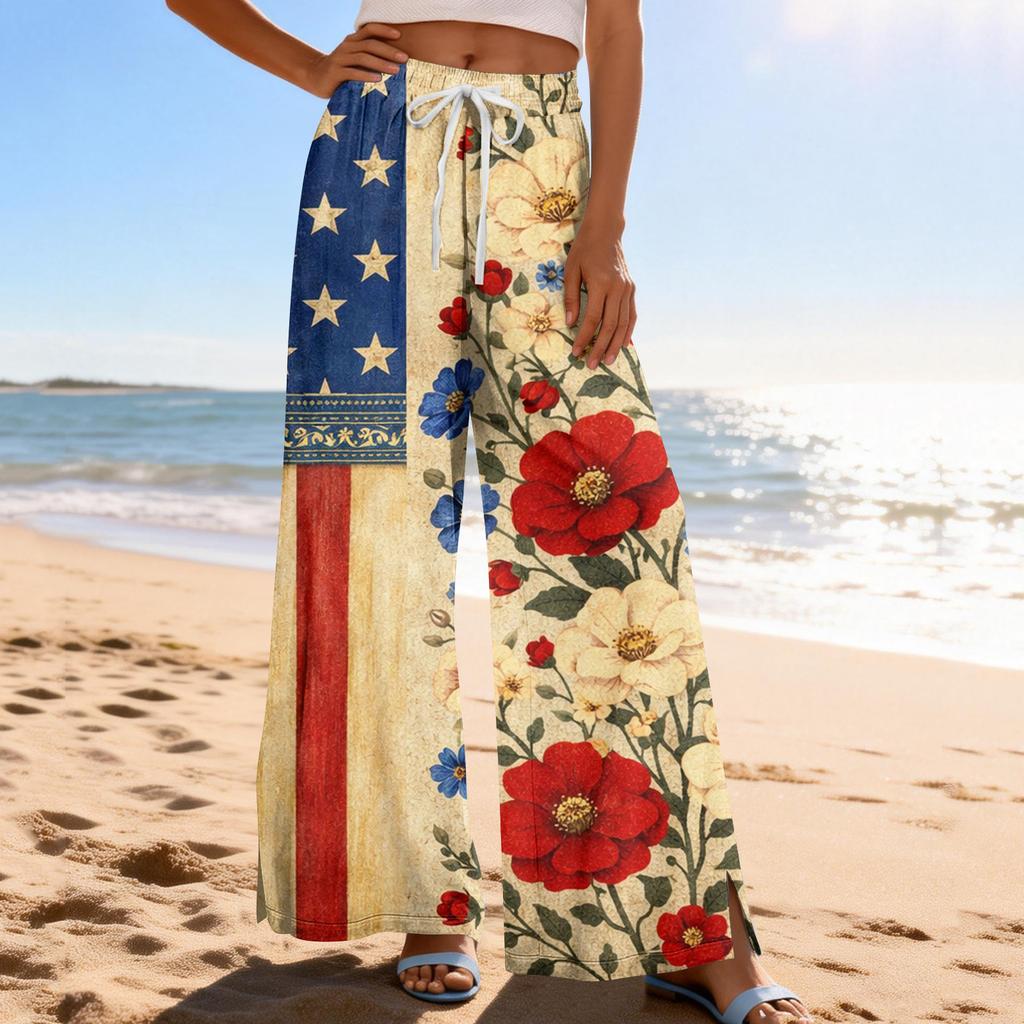 Dámské letní boho palazzo kalhoty s vysokým pasem a širokými nohavicemi, tisk, ležérní kalhoty s kapsami