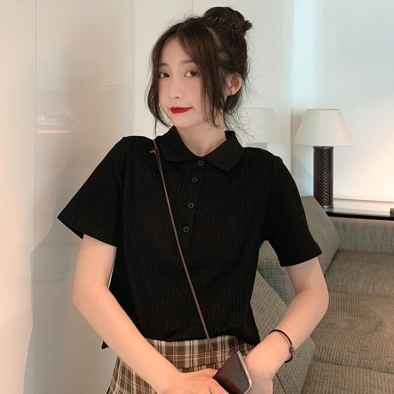 Hot Girl Polo Shirt for Women In Summer New Style Student Design Slim Fit Internet Celebrity Solid Color Short-sleeved Top