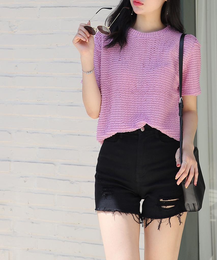 Ppaeppae Inner Elastic Waist Distressed Black High-Waisted Denim Shorts