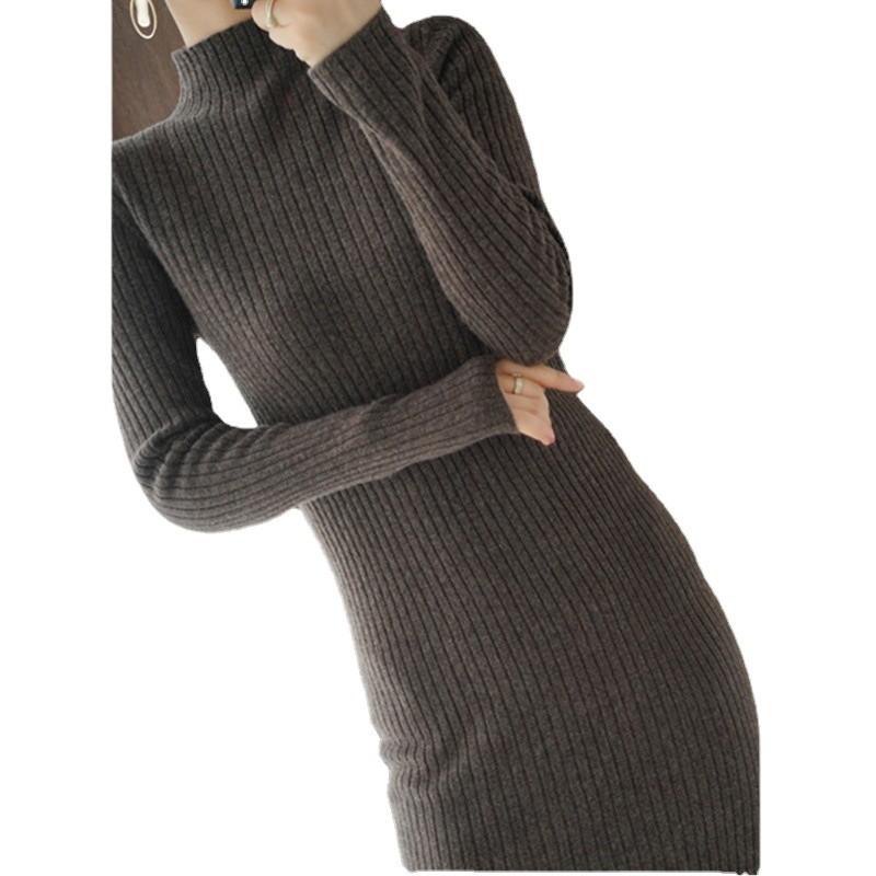 Autumn and Winter New Semi-turtleneck Solid Color Tight-fitting Sweater Dress Women's Long Slim-fitting Knitted Sweater