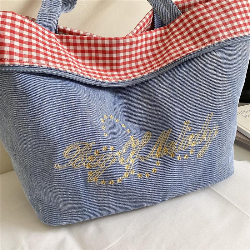 Women's Double-Sided Denim Bag Plaid Shoulder Tote Bag
