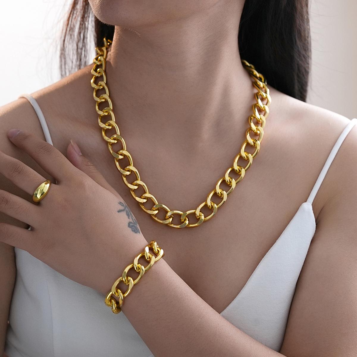 

3PCS Gold Color Chunky Chain Jewelry Set For Women Men Exaggerated Punk Cuban Necklace Bracelet Ring Fashion Unisex Jewelry 2026