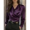 Women's Dark Gray Satin Long Sleeve V Neck Top with Side Pleat and Three Buttons