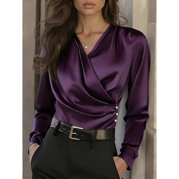 Women's Dark Gray Satin Long Sleeve V Neck Top with Side Pleat and Three Buttons