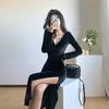 French Retro Royal Sister Elegant Velvet Dress Waist Tight, Hip Wrap Split Elastic Ins Thin V-neck Long Dress