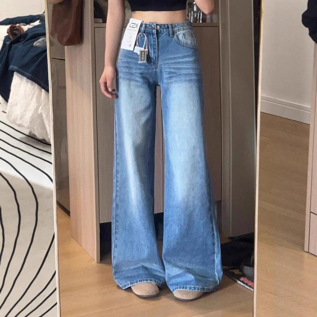 Jeans a gamba larga a vita alta stile americano blu medio 2025 - Estivi da donna, snellenti, modellanti per fianchi e nascondi imperfezioni.