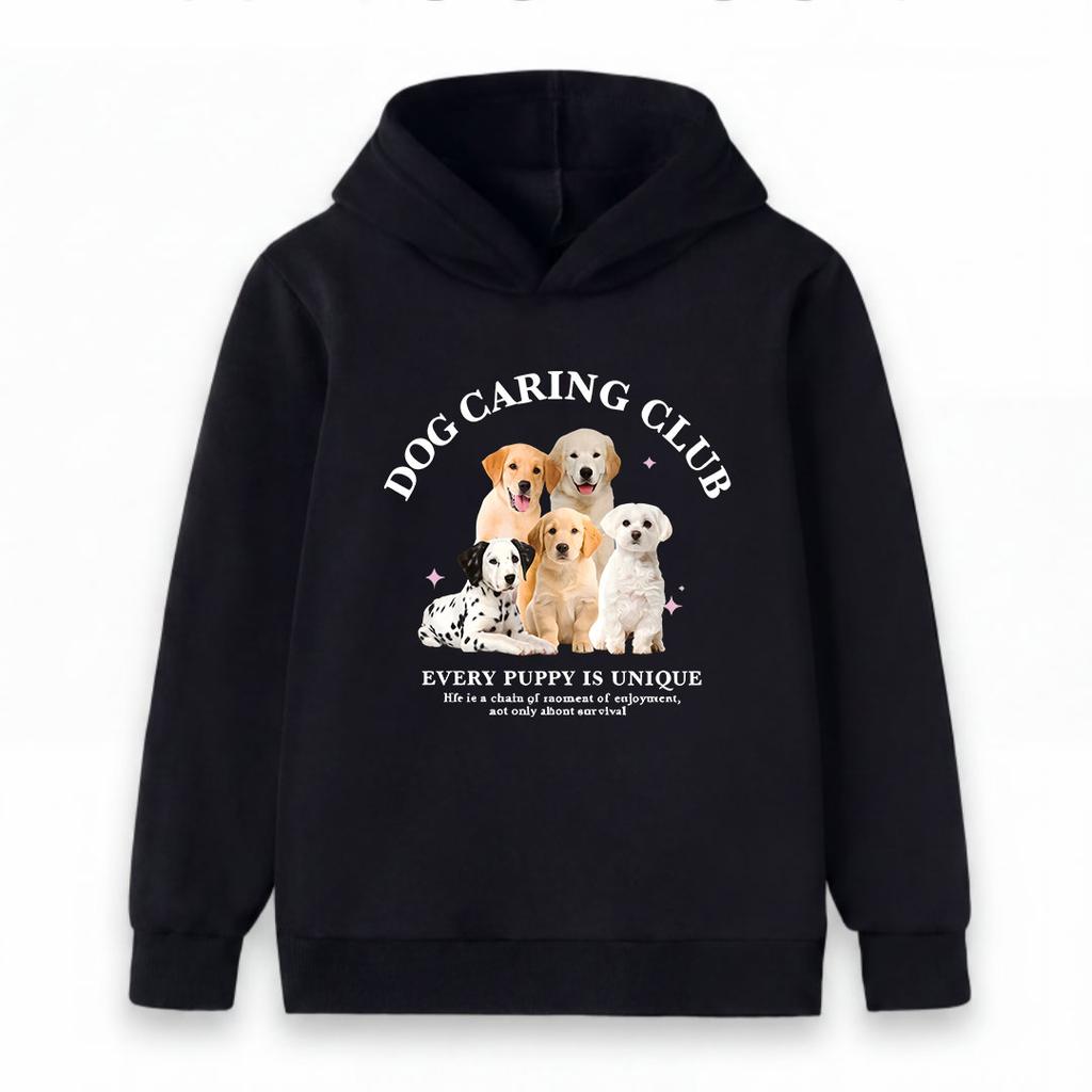Kids Boys Girls Pullover Hoodie, Cute Dog Caring Club Pattern Sweatshirt, Every Puppy Is Unique Printed Casual Warm Hooded Top for Daily Wear