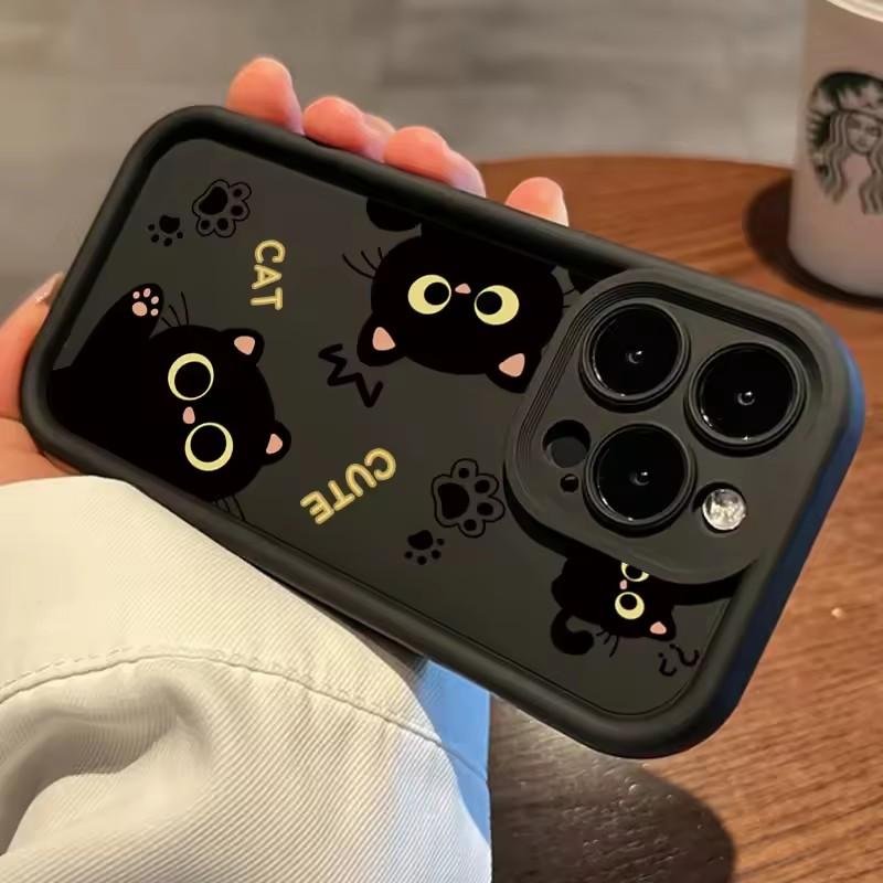 Lovely Black Cat Silicone Case For iPhone 16 15 13 12 11 14 Pro Max Plus 16E 16 Plus SE2 8 7 Plus X XS XR Shockproof Back Covers