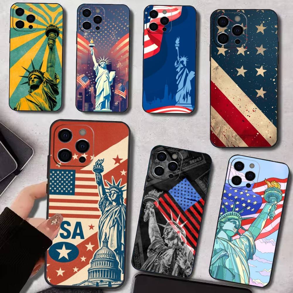 Statue Liberty America USA Flag Phone Case For iPhone 17,16,15,14,13,12,11 Plus,Pro Max,XS,Soft Black Cover