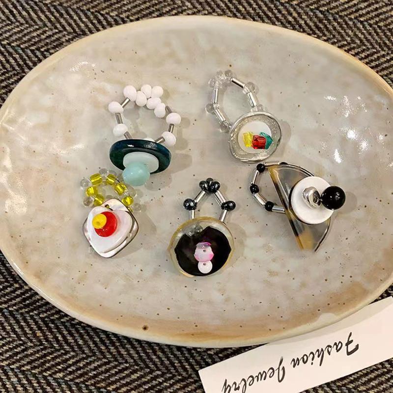 Multi-Element ~ Retro Beaded Ring Women's Trend Index Finger Ring Elastic Folded Ring Casual Jewelry Accessories