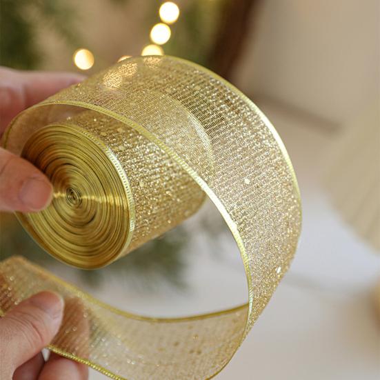 Transluzentes Polyesterband für Schleifen 2,5" x 2,2 Yards Gold Durchsichtig Weihnachtsbaumdekoration und Geschenkverpackung Verpackung, Netzstoff DIY Bastelarbeiten Floral