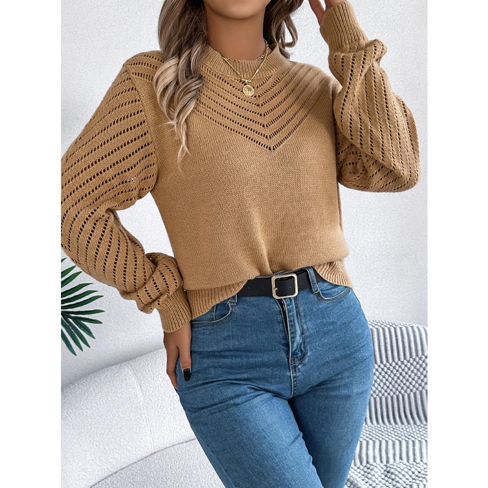Neuankömmling Damen Sweatshirt Herbst/Winter Lässig Einfarbig Rundhalsausschnitt Schnürung Glockenärmel Pullover Damen Strickpullover