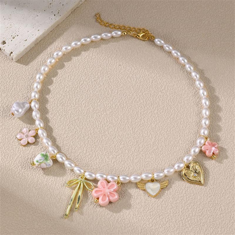Geometric Heart Pendant Necklace And Bracelet Set For Women With Pearl And Alloy Jewelry
